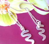 Sterling silver fish hook earrings with double chain holding a curvy S shape