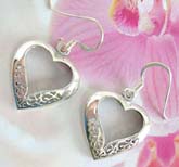 Crafted pattern design on heart shaped Fish hook earring in sterling silve
