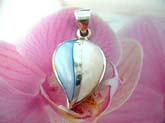 3D heart shaped, 925. sterling silver heart love pendant with golden line separating blue and yellow mother of pearl seashell