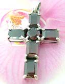 5 semi precious garnet gems forming religious cross pendant, made from sterling silver 