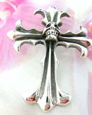 Skull crest design in center of floral theme cross pendant, made from sterling silver