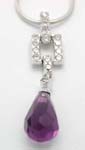 Wholesale lazy fashion jewelry , a sqaure clip holding a puple cz, water-drop, cz pendant(chain not included)