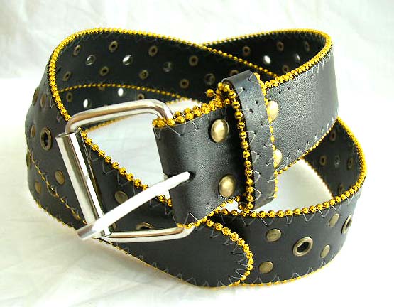 Bali import belt wholesale - golden beaded edge imitation leather belt with button hole decor