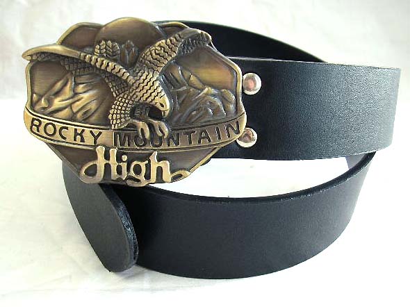 Wholesale accessory body art - black imitation leather belt with eagle on "Rocky Mountain High" metal buckle