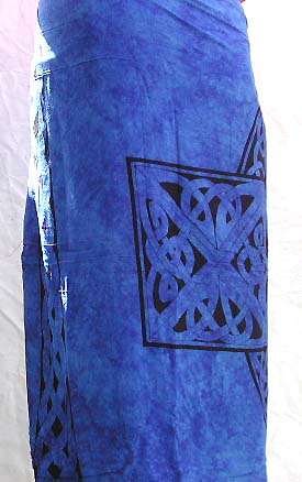Celtic fashion trend, blue sarong with Celtic knot around Celtic cross center