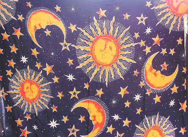 Wholesale wall art -black rayon sarong with orange celestial bodies 