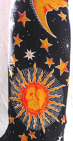 Wholesale wall art -black rayon sarong with orange celestial bodies 