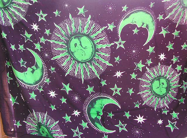 Wholesale table cover - mono black sarong with green sun moon star decor