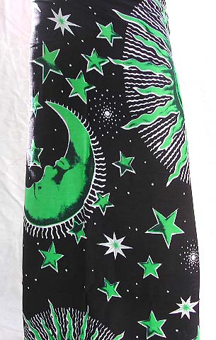 Wholesale table cover - mono black sarong with green sun moon star decor