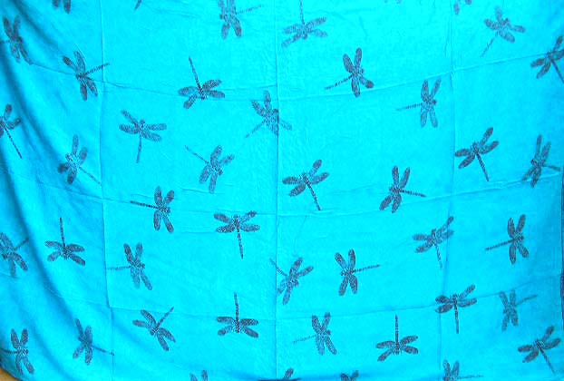 Batik pareo wholesale, bright blue sarong with multi dragonfly pattern 