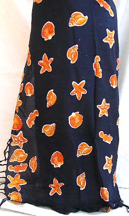 Wholesale sealife toga - mono black rayon sarong with multi orange sealife decor