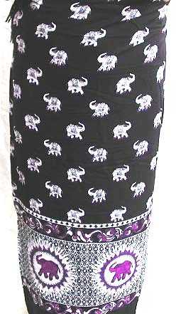 Multi mini elephants and a roe of purple elephant in circle design color black fashion sarong wrap 