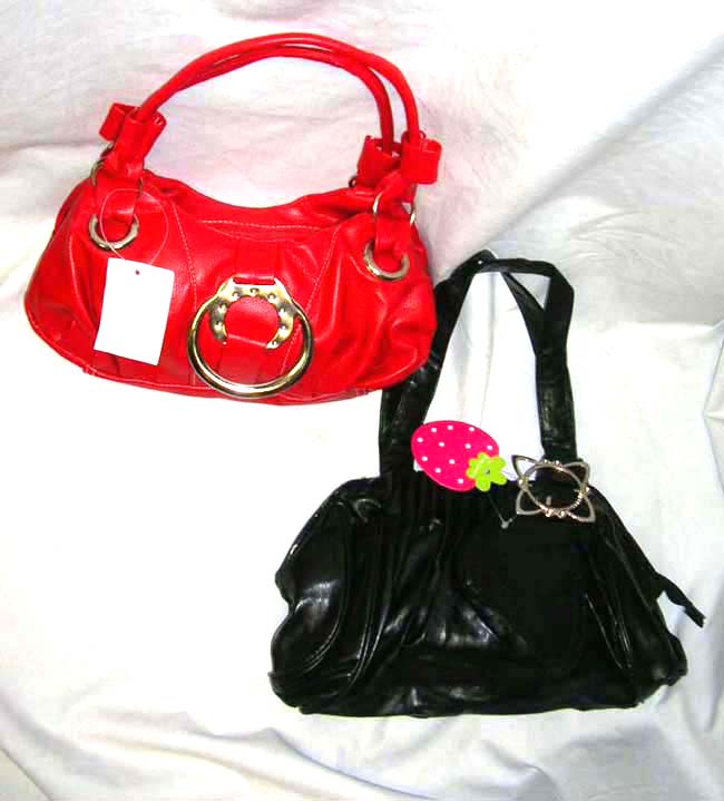 Leather hand bag manufacture store wholesale black and red PVC handle handbag with metal round chain design    