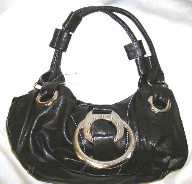 Leather hand bag manufacture store wholesale black and red PVC handle handbag with metal round chain design    