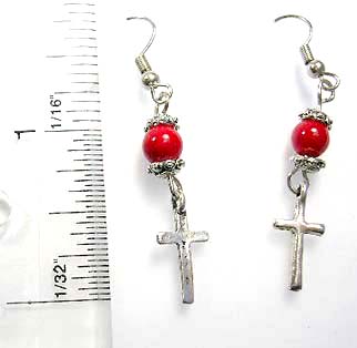 religion cross gemstone earrings wholesale company supply fish hook earringin cross design with rounded red faux stone inlaid
