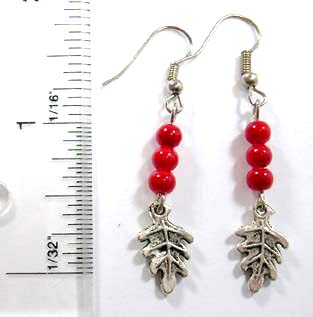 Bali jewelry for her, 3 round red faux stone and silver maple leaf fish hook earring