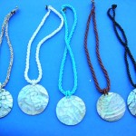 wooden bangle earring organic necklaces. Large circle seashell fashion pendant on single beaded string necklace