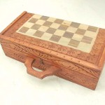 wholesale chess kit. Handcarved wooden chess sets in square shape, detailed carvings on sides and top.